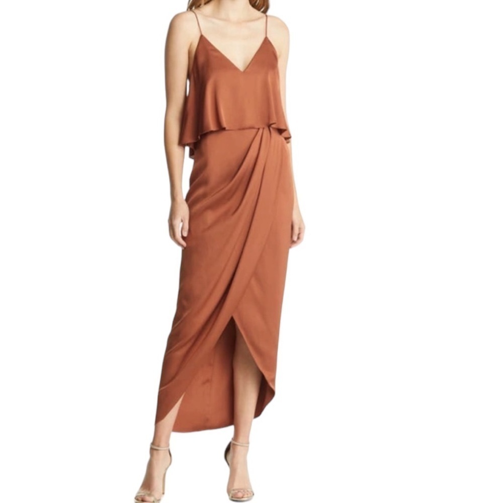 NEW SHONA JOY LUXE FRILL TULIP HEM MAXI DRESS IN MOCHA